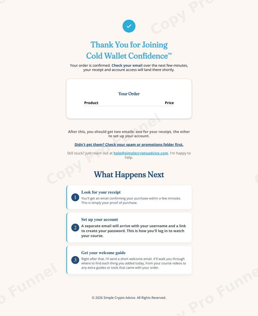 Simple Crypto Advice Thank you page